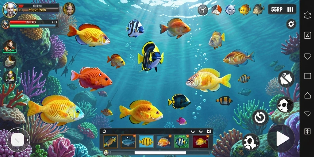Screenshot gameplay 55RP menampilkan aksi Tembak Ikan yang seru.