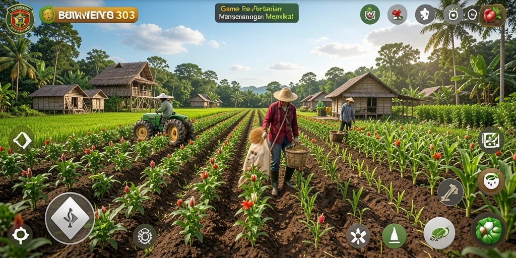 Screenshot utama BORNEO303 menampilkan keseruan berkebun dan panen.