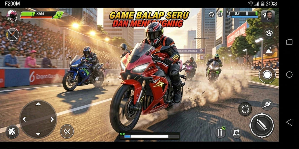 Gameplay seru F200M saat balapan motor di lintasan menantang.