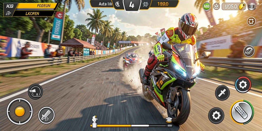 Screenshot menunjukkan aksi balapan motor yang intens dan menarik.