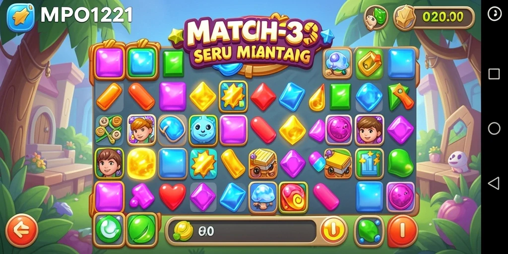 Screenshot MPO1221 menampilkan gameplay Match-3 yang seru dan penuh warna.