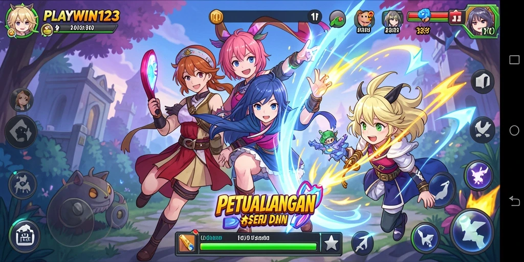 Screenshot utama PLAYWIN123 menampilkan berbagai karakter anime dalam aksi.