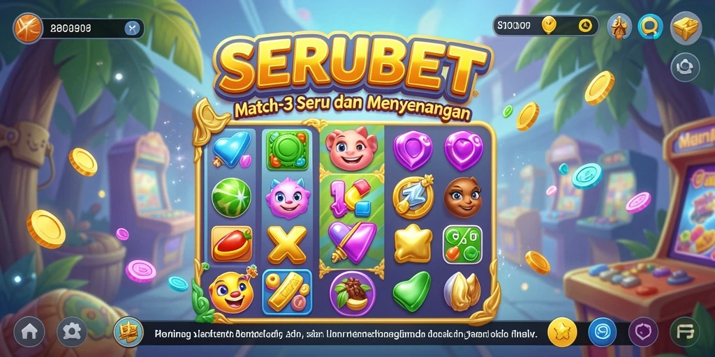 Screenshot SERUBET menunjukkan gameplay Match-3 yang seru dan penuh warna.