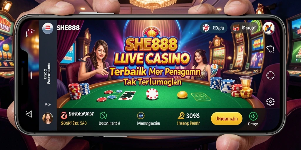 Screenshot gameplay SHE888 yang menampilkan dealer langsung dan suasana kasino.