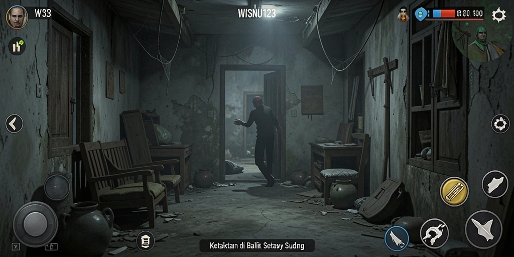 Screenshot gameplay WISNU123 menampilkan suasana mencekam di dalam ruangan gelap.
