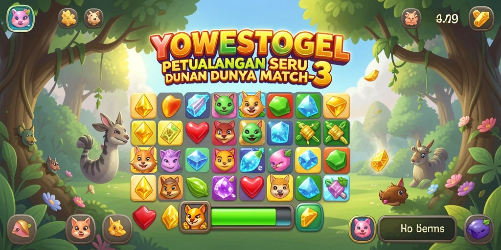 Screenshot gameplay YOWESTOGEL menampilkan aksi seru dalam mencocokkan objek Match-3.